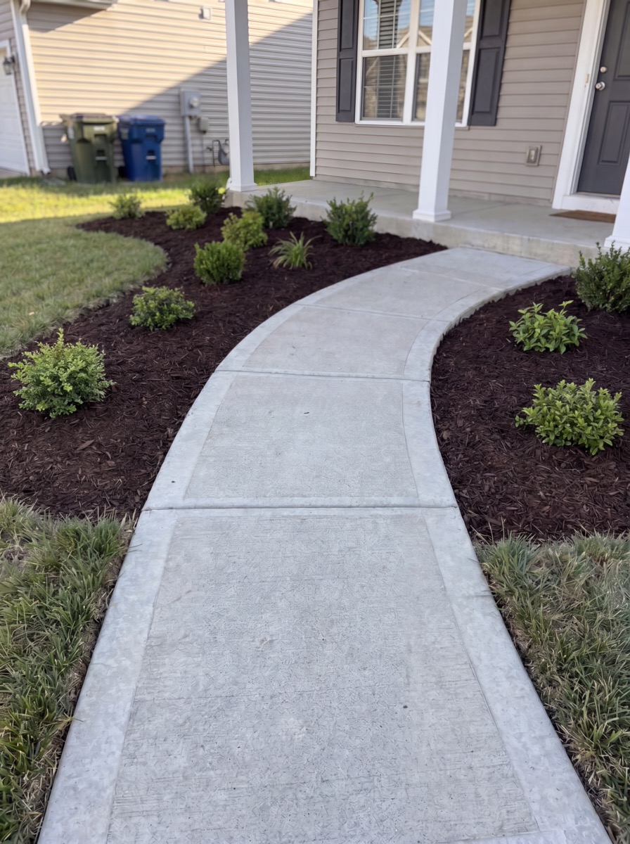 Curved walkway with fresh mulch and shrubs in Central Florida yard
