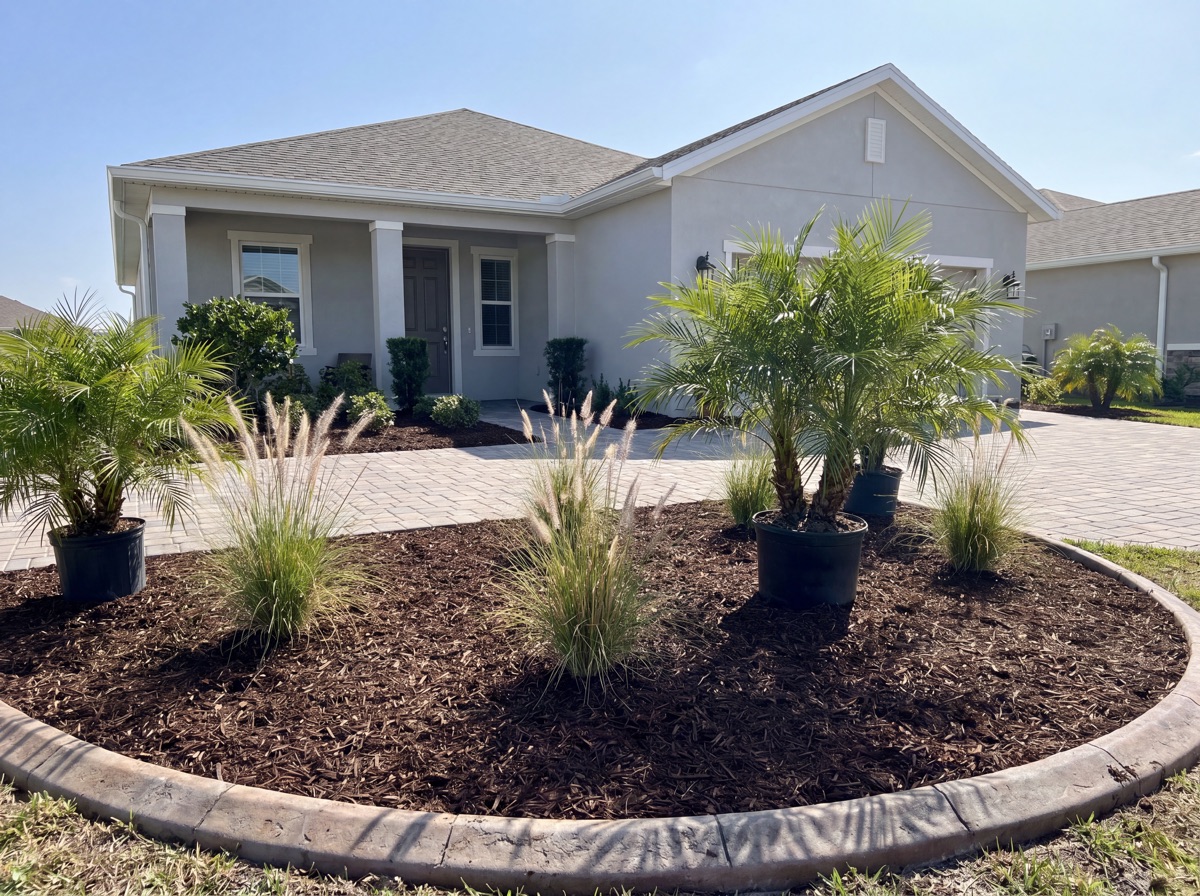 Mulch bed with palms and ornamental grasses at Orlando home